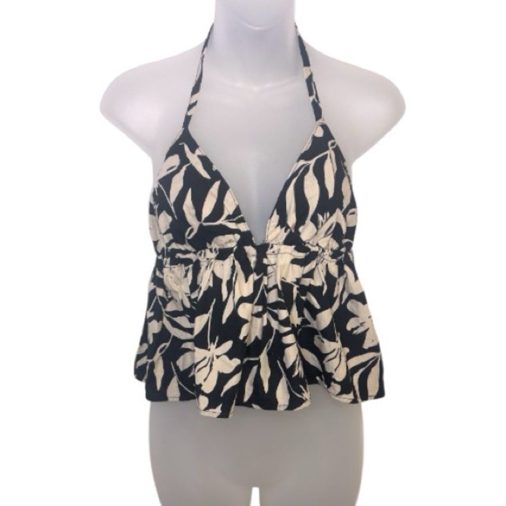 SO Black Cream Tropical Floral Halter Babydoll Tank Top Small